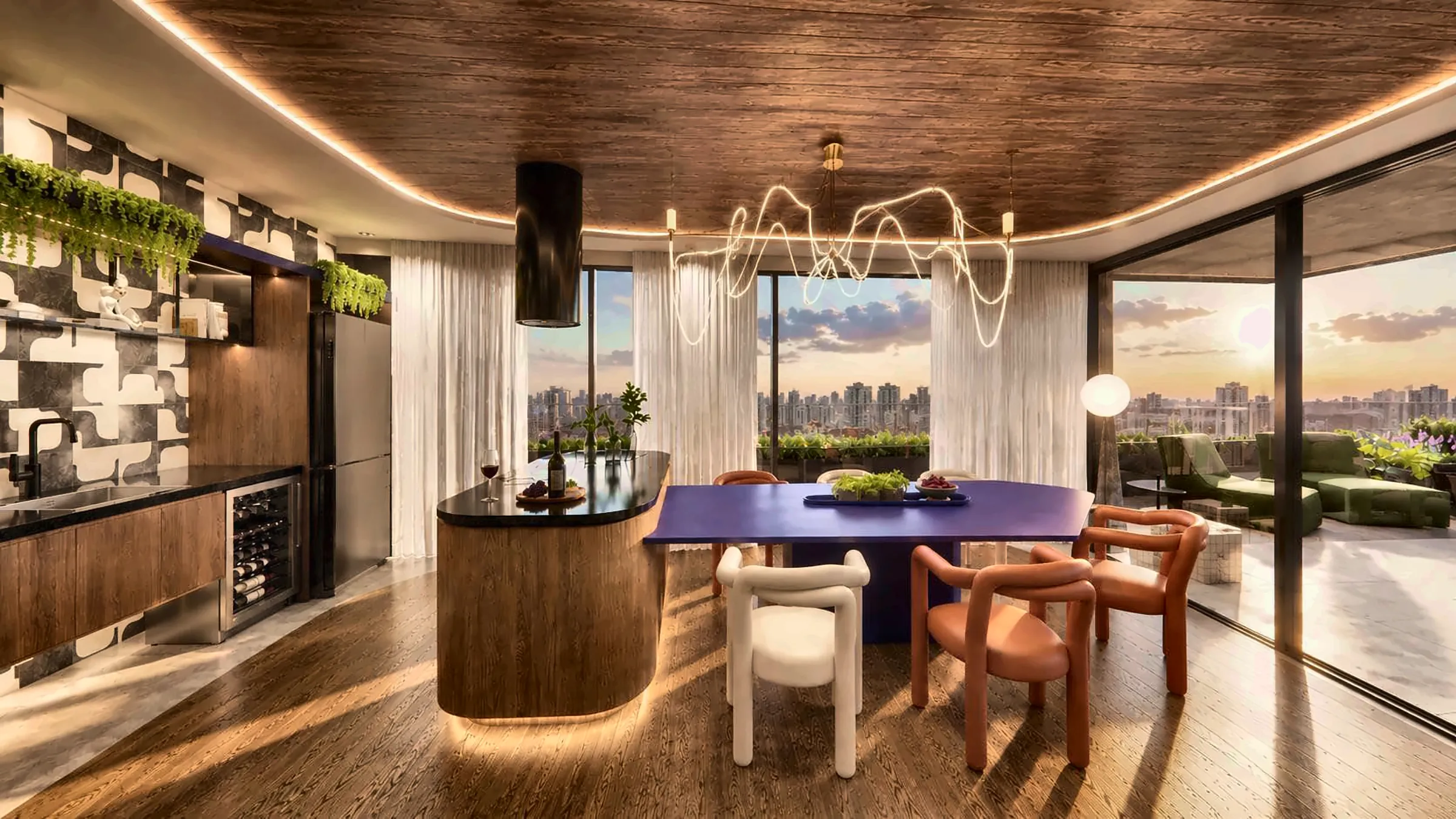 Espaço gourmet com ilha, mesa e vista da cidade