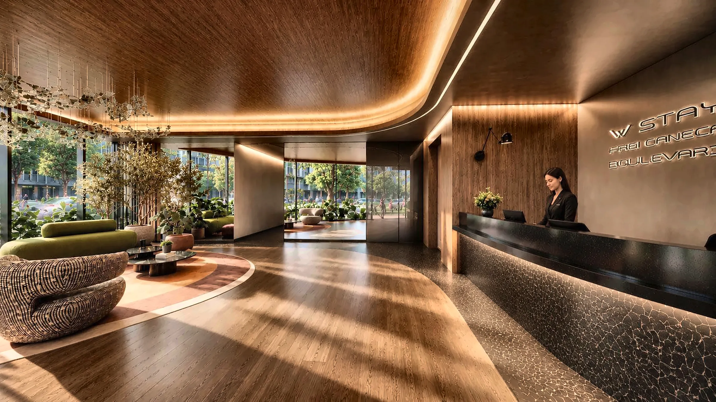 Lobby com recepção em madeira, iluminação indireta e jardim interno