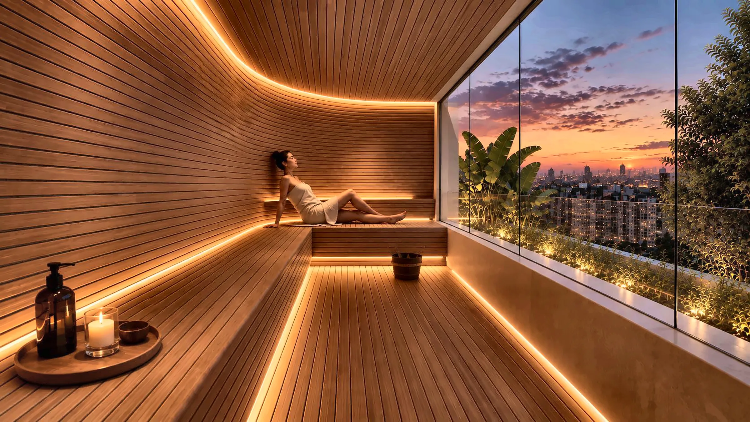 Sauna em madeira com parede de vidro